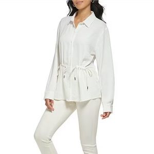Calvin Klein Point Collar Cinched Tie Waist Woven Blouse